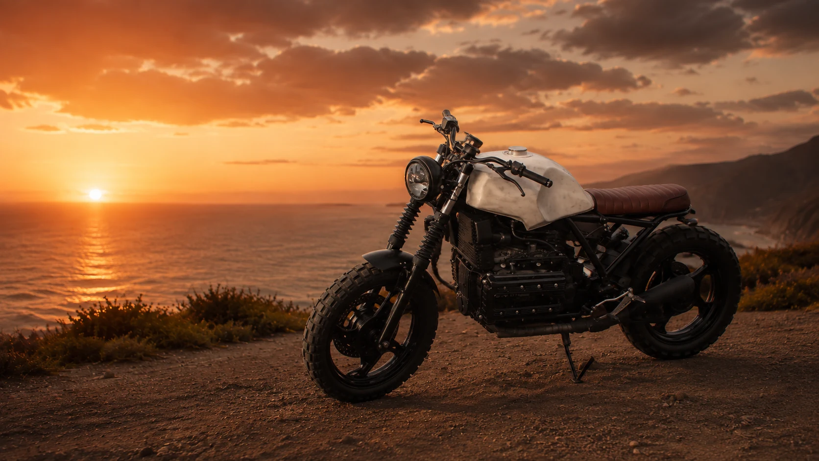 Phoenix motorcycle overlooking the ocean at sunset